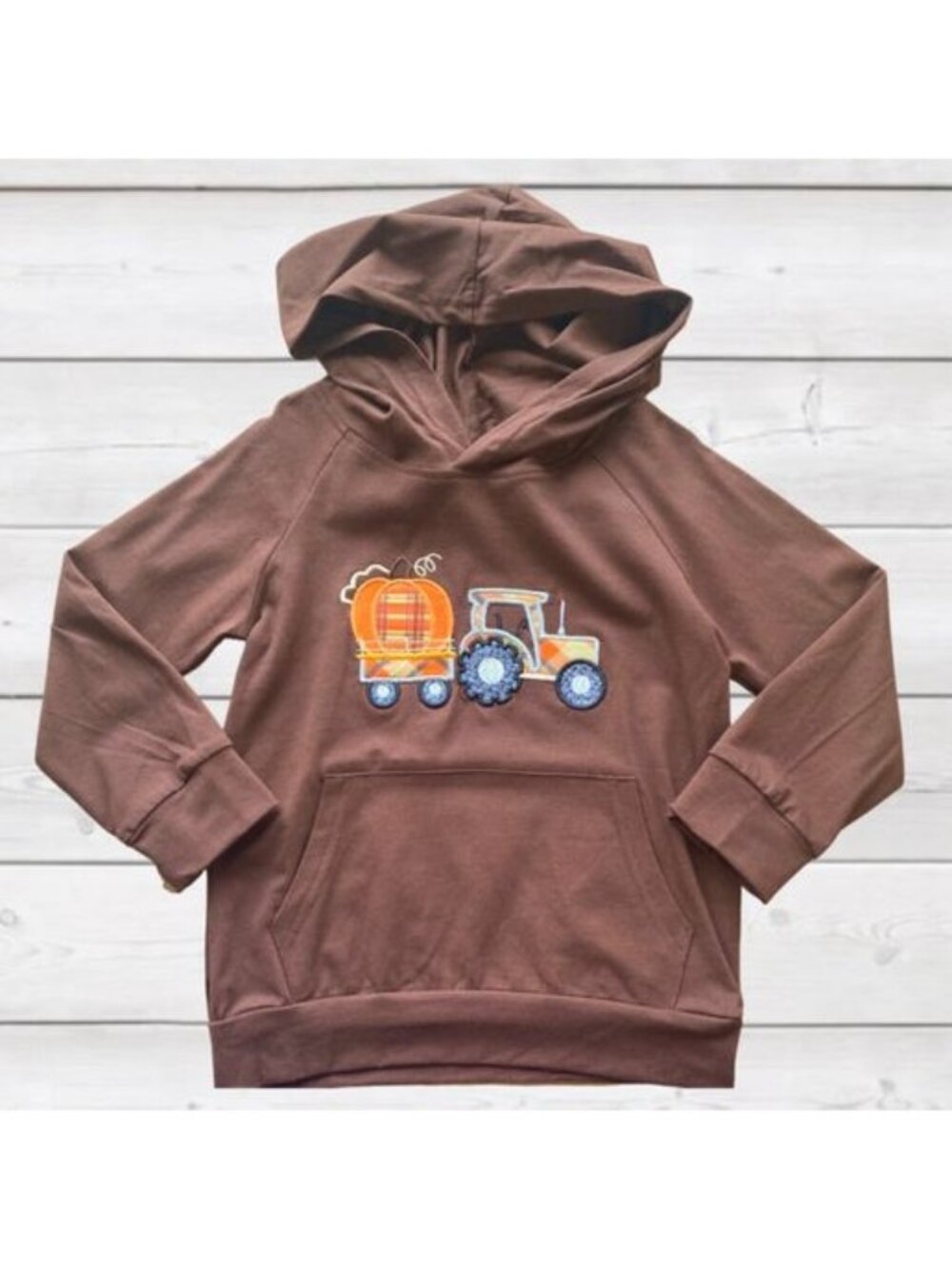 Brown Kids Hoodie With Tractor & Pumpkin Embroidery - XS 18-24 Months Cotton Ble